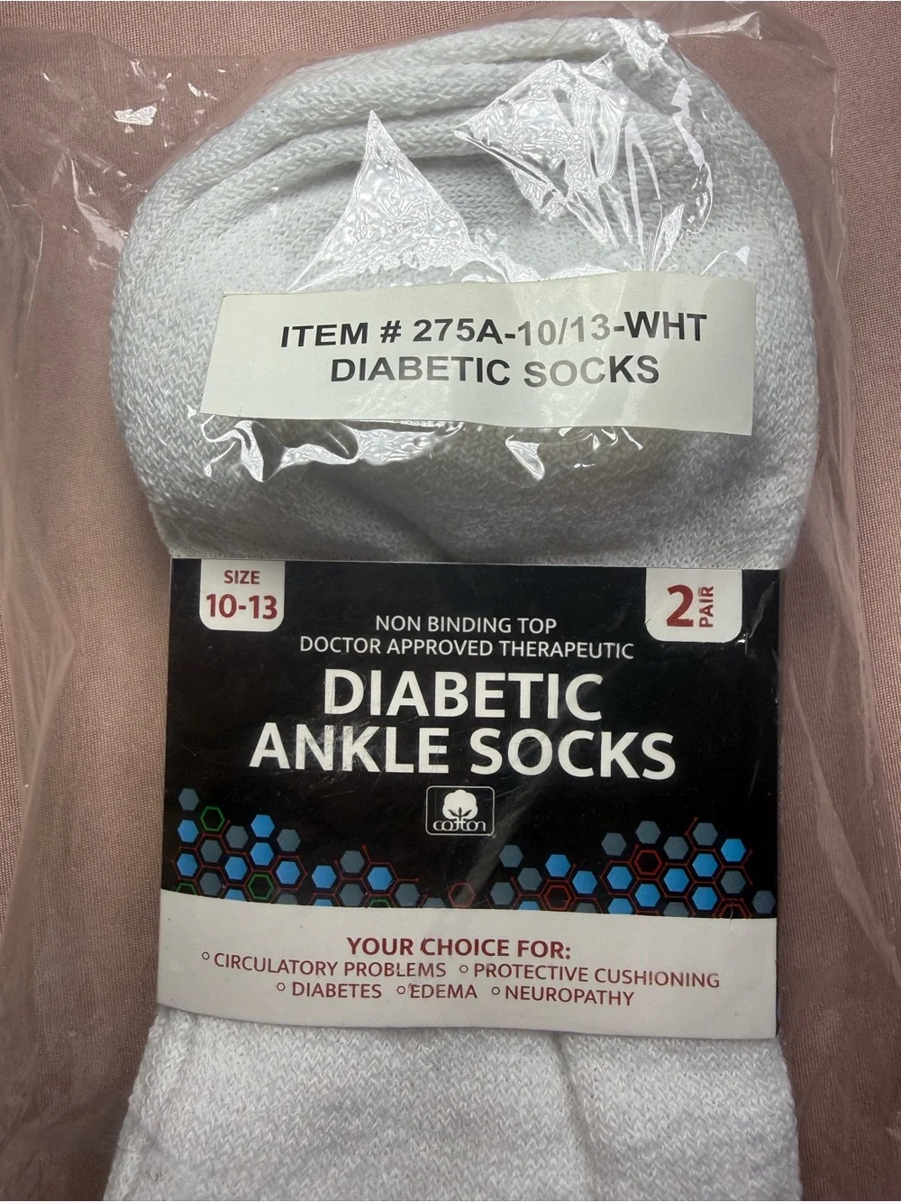 Diabetic Ankle Socks 2-Pack Non-Binding Cushion Cotton Men's Women's Size 10-13